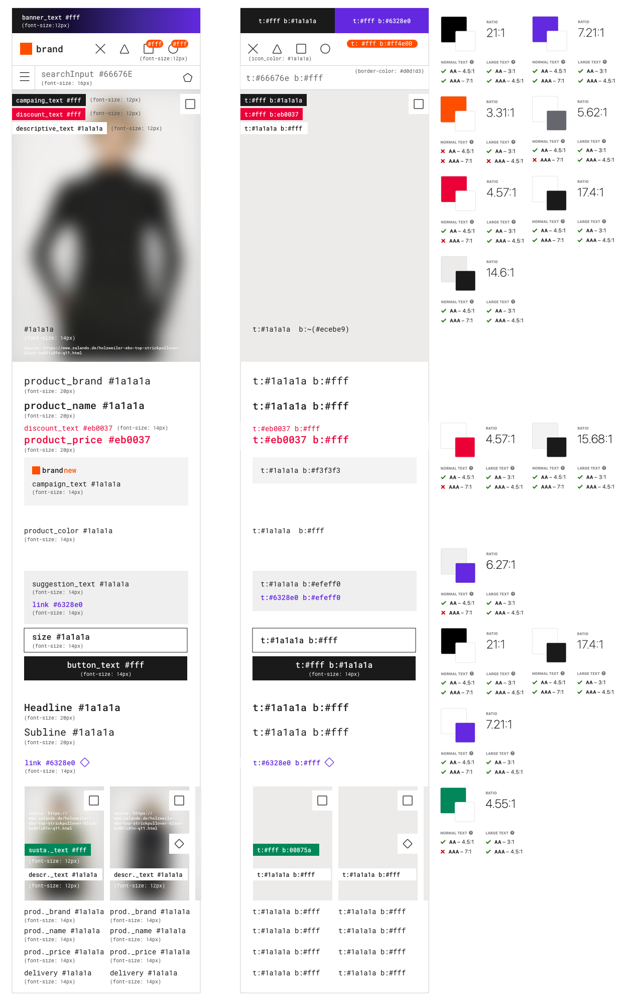 A visualized summary of all colors used on zalando.de with a focus on color contrast ratios